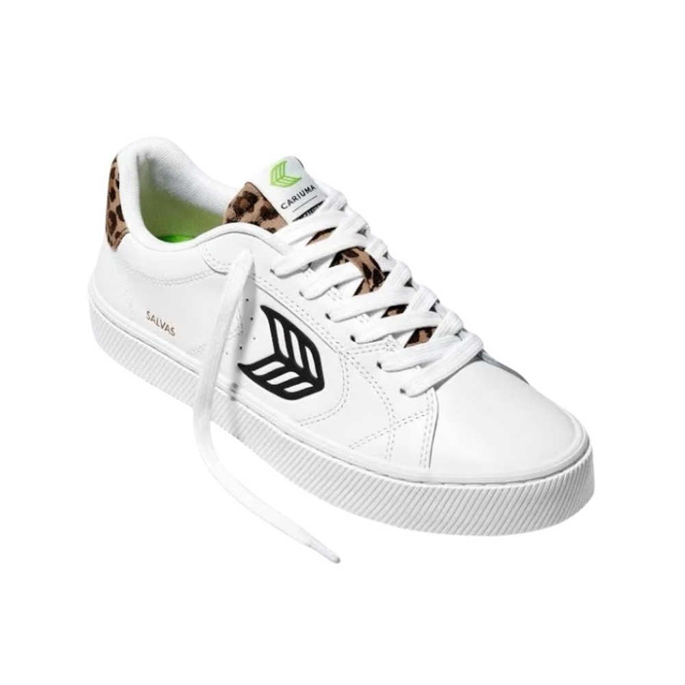 NIB Cariuma Salvas White Smooth Leather/Leopard Sneaker - Women’s 10.5/Men’s 9